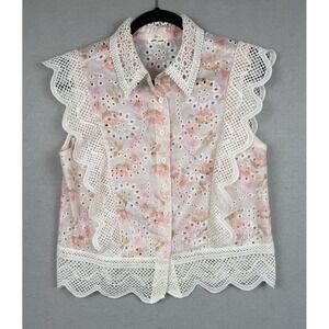 Ultra Pink Floral M Eyelet Cottagecore Coquette Scalloped Edge Button Up Top